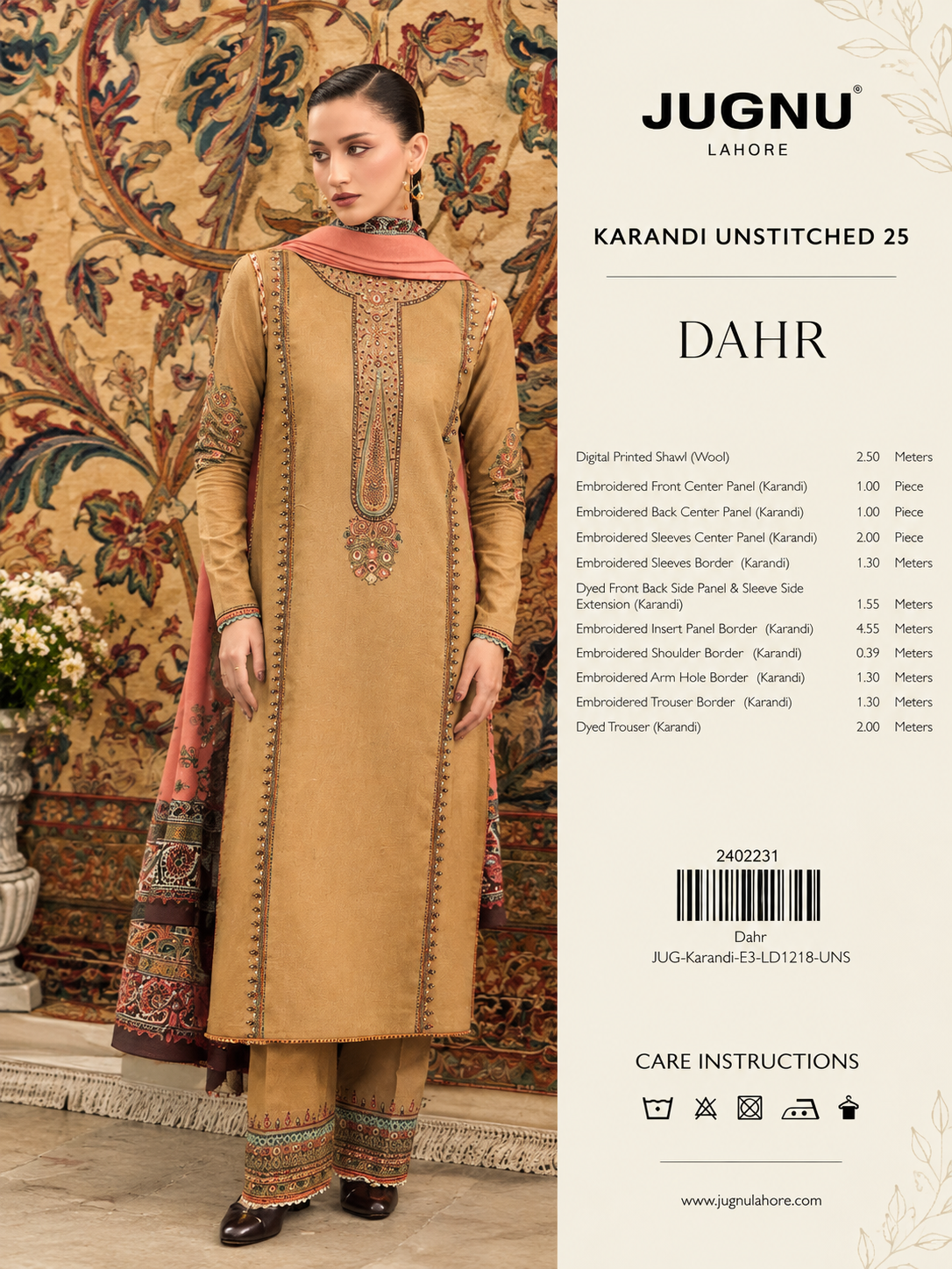 Light Brown Embroidered Karandi Unstitched Suit
