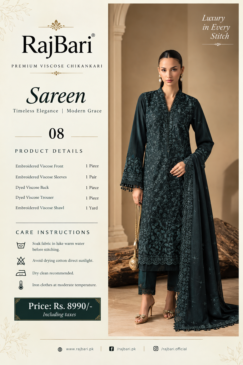 Deep Green Viscose Chikankari Unstitched Suit