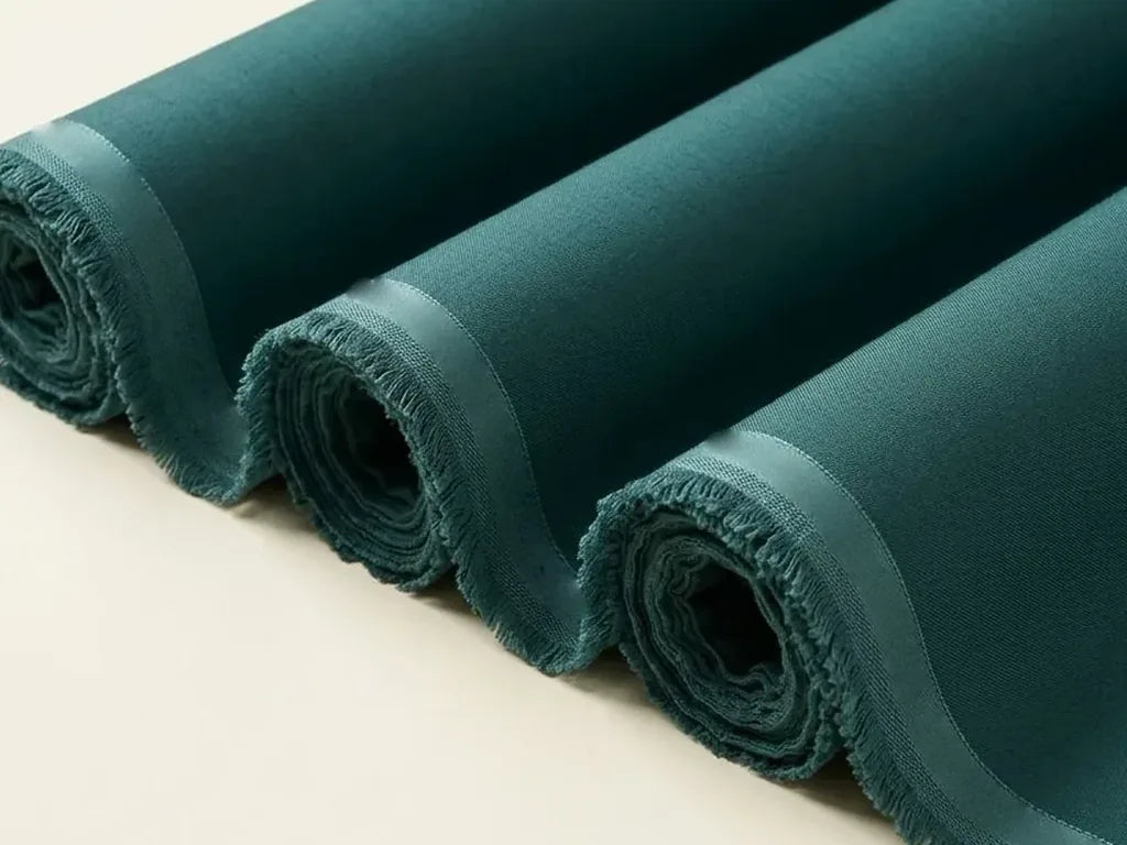Rolls of dark green gents suiting cloth