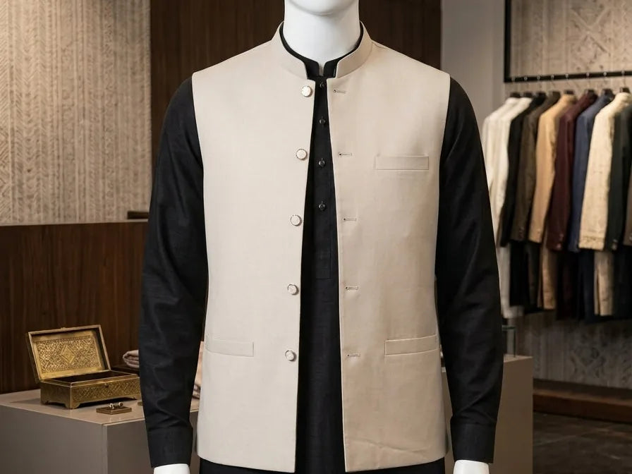 Cream waistcoat over a black kurta on a display form