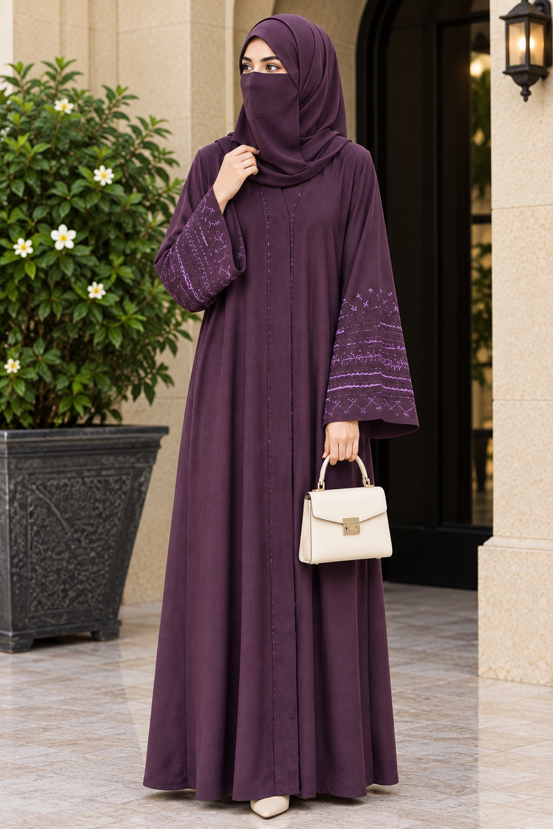 Plum Arabic Abaya with Embroidered Sleeves
