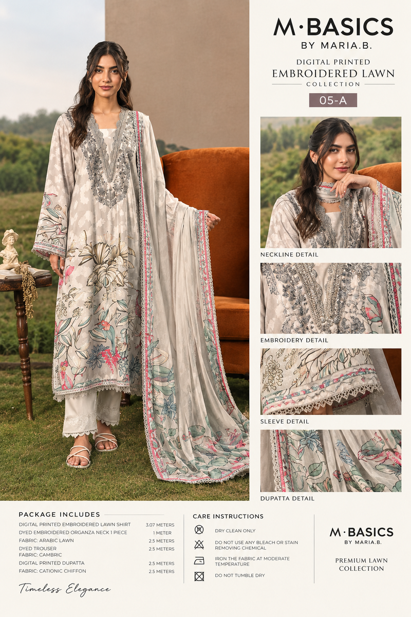 Light Grey Embroidered Arabic Lawn Unstitched Suit