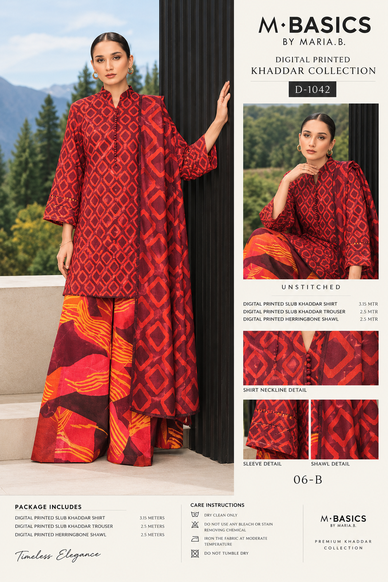 Reddish Orange Printed Slub Khaddar Unstitched Suit