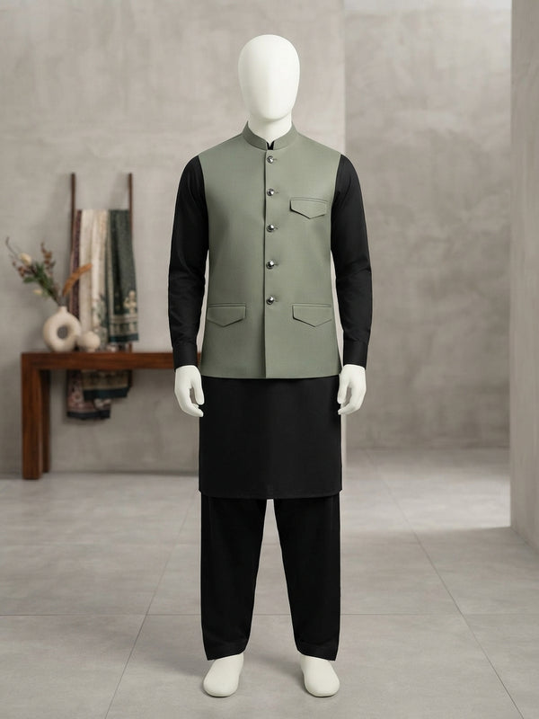 Lada Sage Green Band-Collar Waistcoat - view 1
