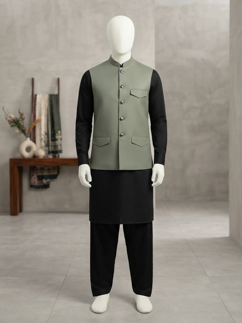 Lada Sage Green Band-Collar Waistcoat - view 1