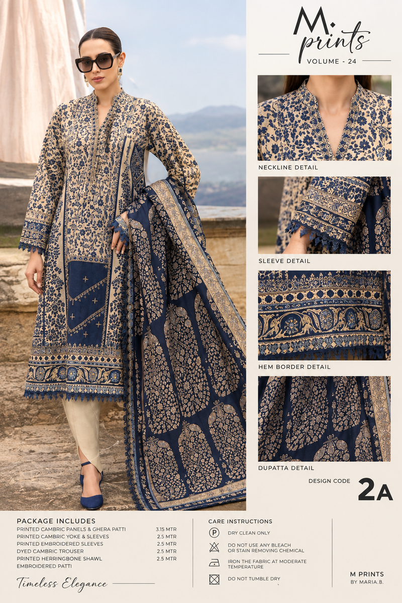 Cream & Blue Printed Cambric Unstitched Suit