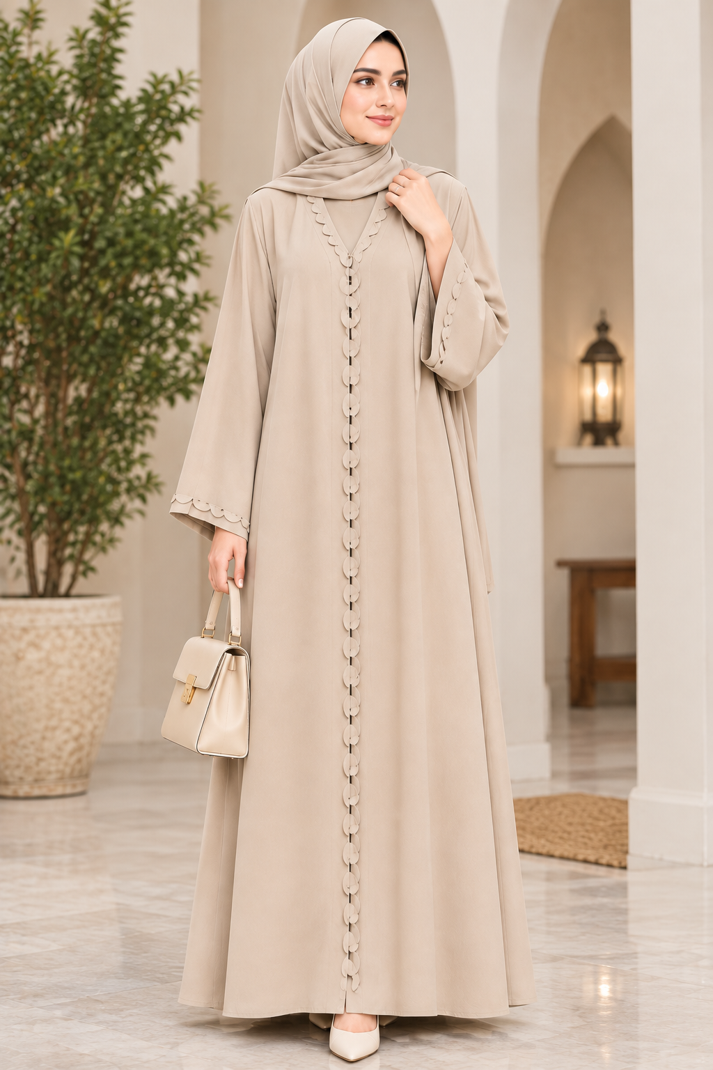 Beige Arabic Abaya with Button Placket