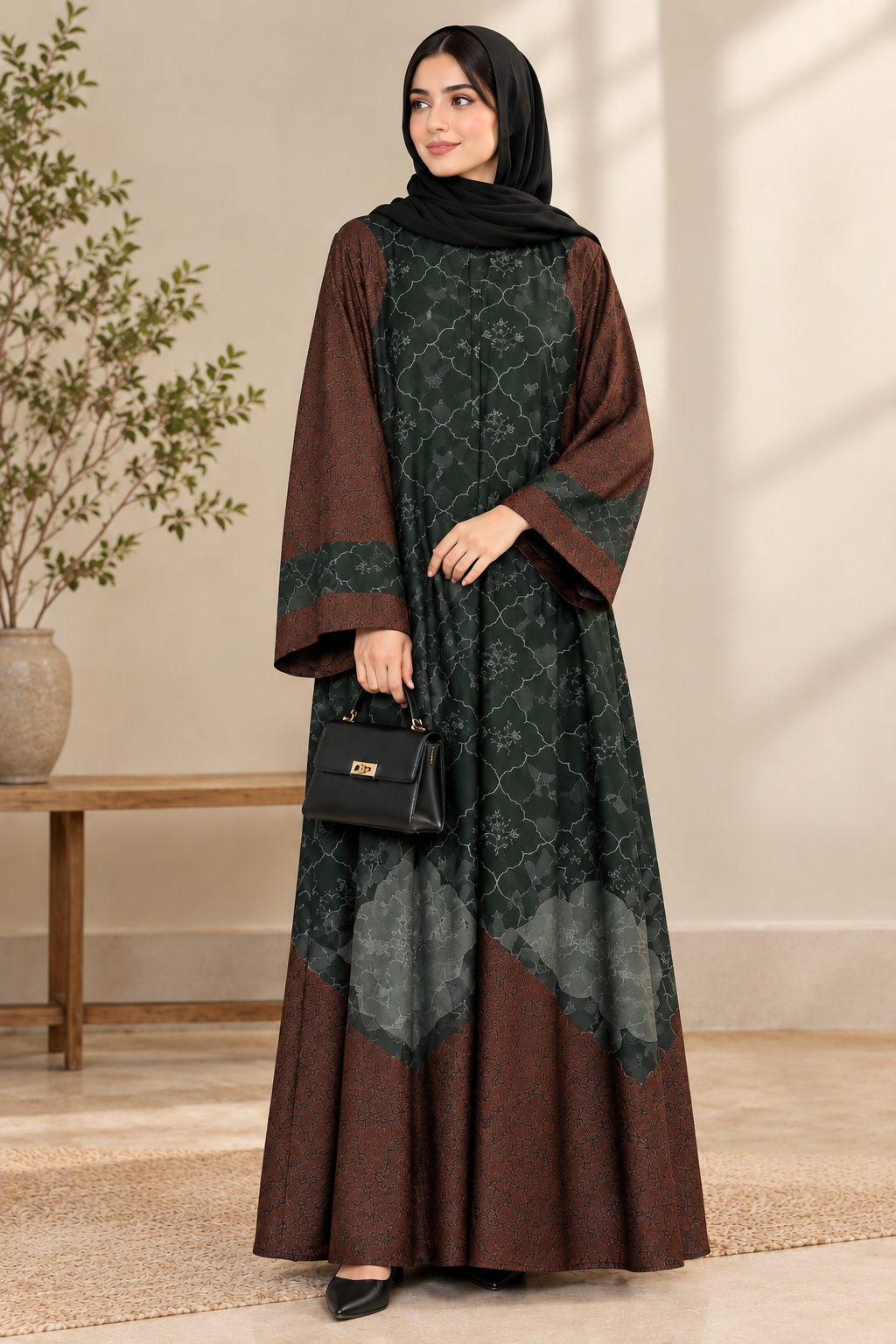Brown & Green Printed Silk Abaya
