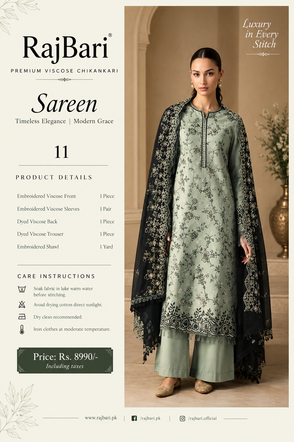Sage Green Viscose Chikankari Unstitched Suit