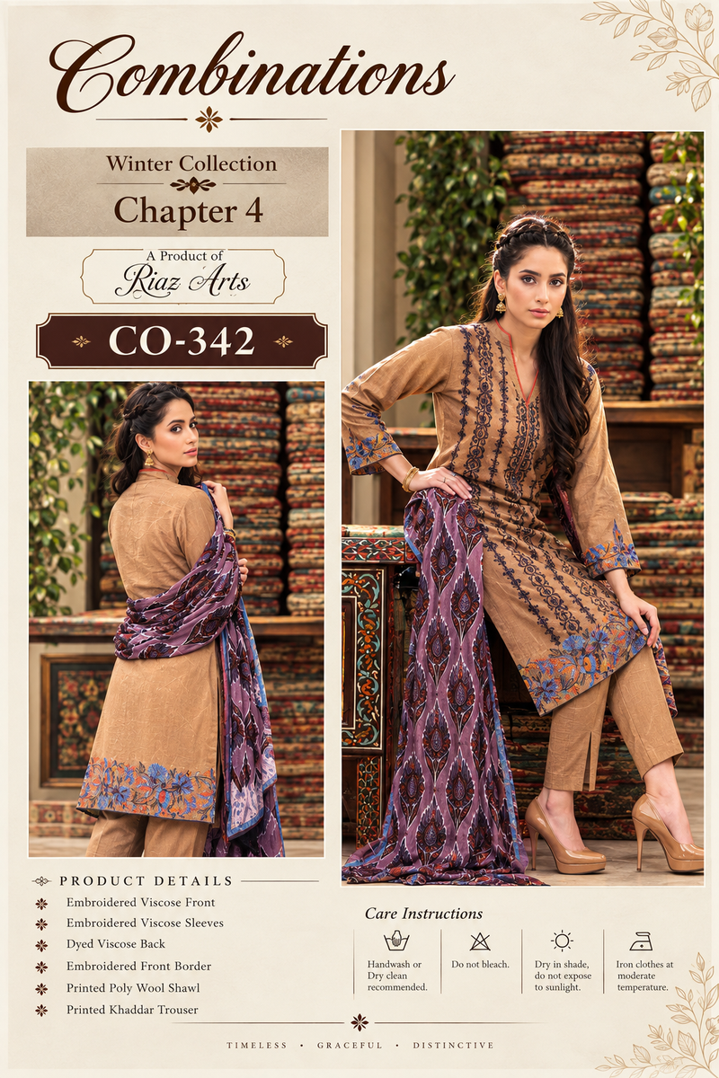Dusty Brown Embroidered Viscose Unstitched Suit