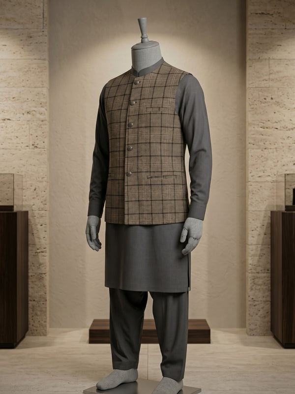 Lada Brown Windowpane Check Band-Collar Waistcoat - view 1