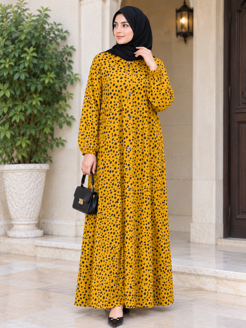 Mustard Dot Print Arabic Abaya