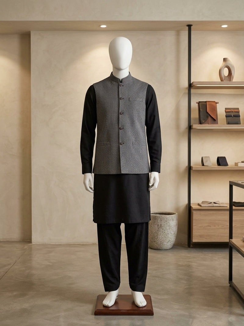 Lada Grey Check Band-Collar Waistcoat - view 1