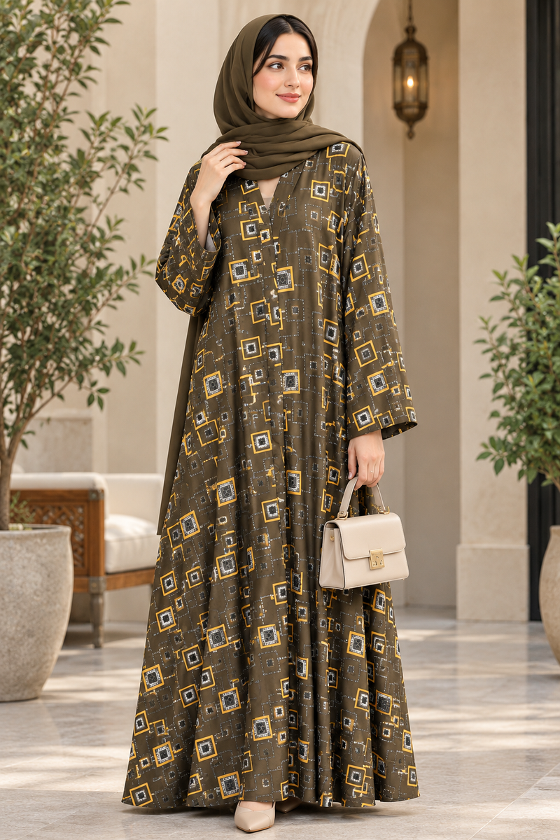 Olive Geometric Print Arabic Abaya
