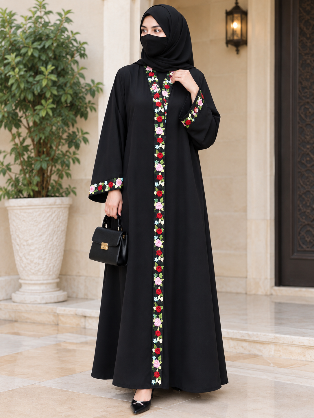 Black Arabic Abaya with Floral Embroidered Placket
