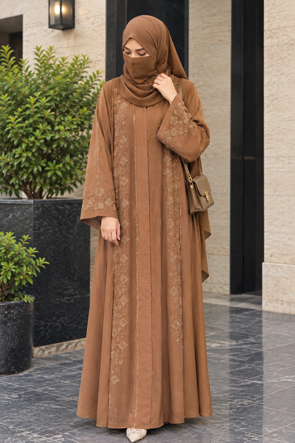 Camel Embroidered Arabic Abaya