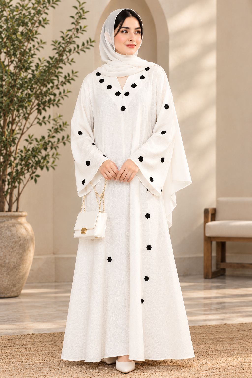 White Arabic Abaya with Black Dot Detail