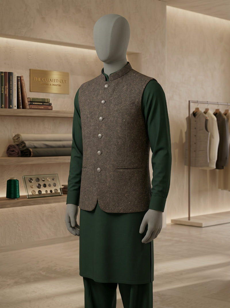 Lada Brown Tweed Band-Collar Waistcoat - view 1