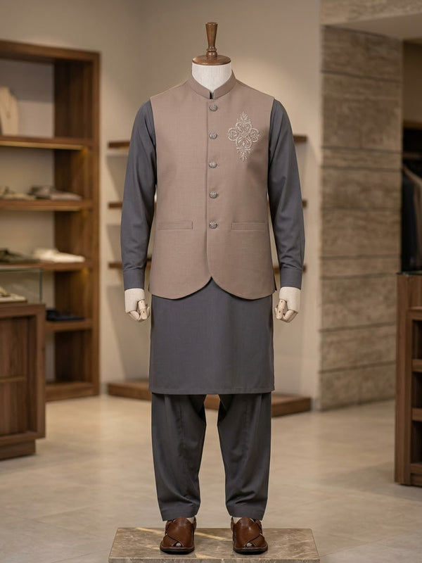 Lada Taupe Embroidered Band-Collar Waistcoat - view 1